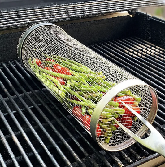 New Rolling Grilling BBQ Basket Stainless Steel Leakproof Mesh Barbecue Rack Outdoor Picnic Camping Simple Cylindrical BBQ Grill